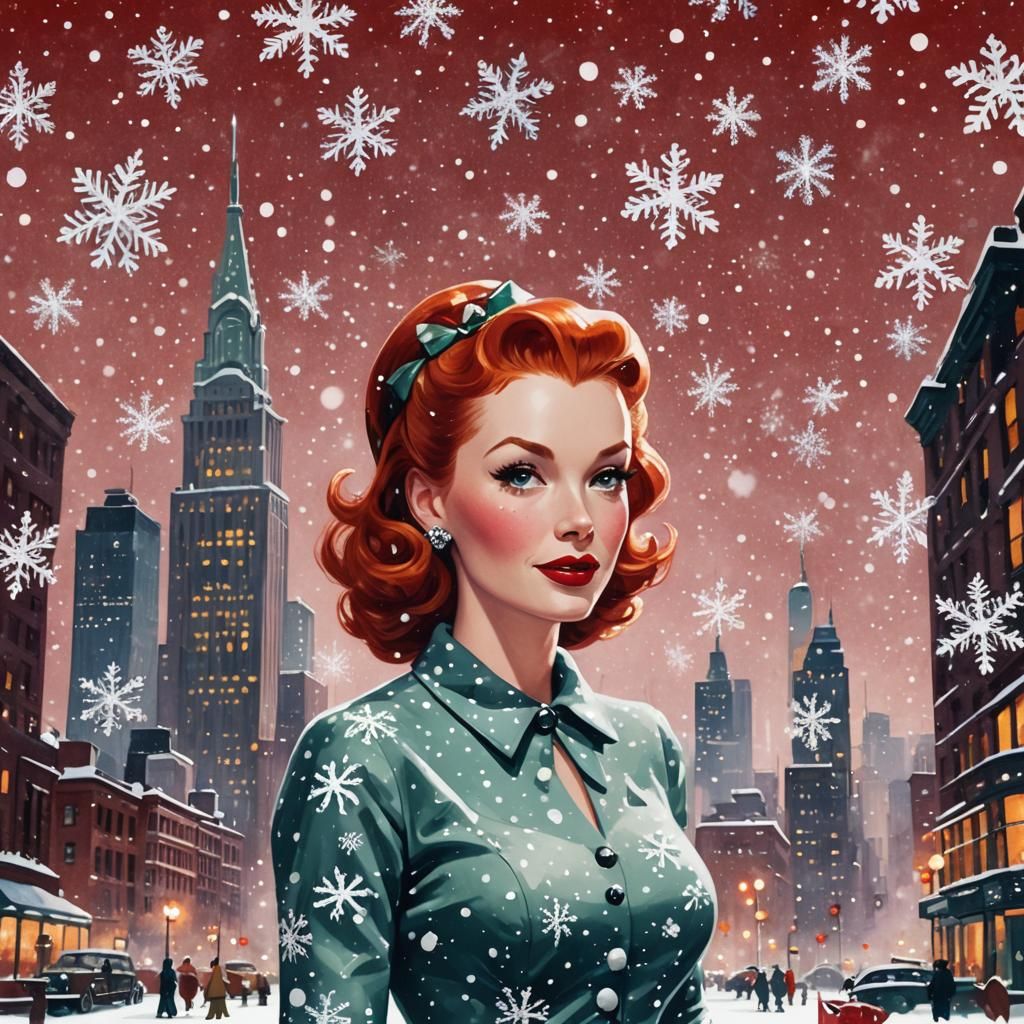 Retro Pinup Christmas in Manhattan: Gouache Painting