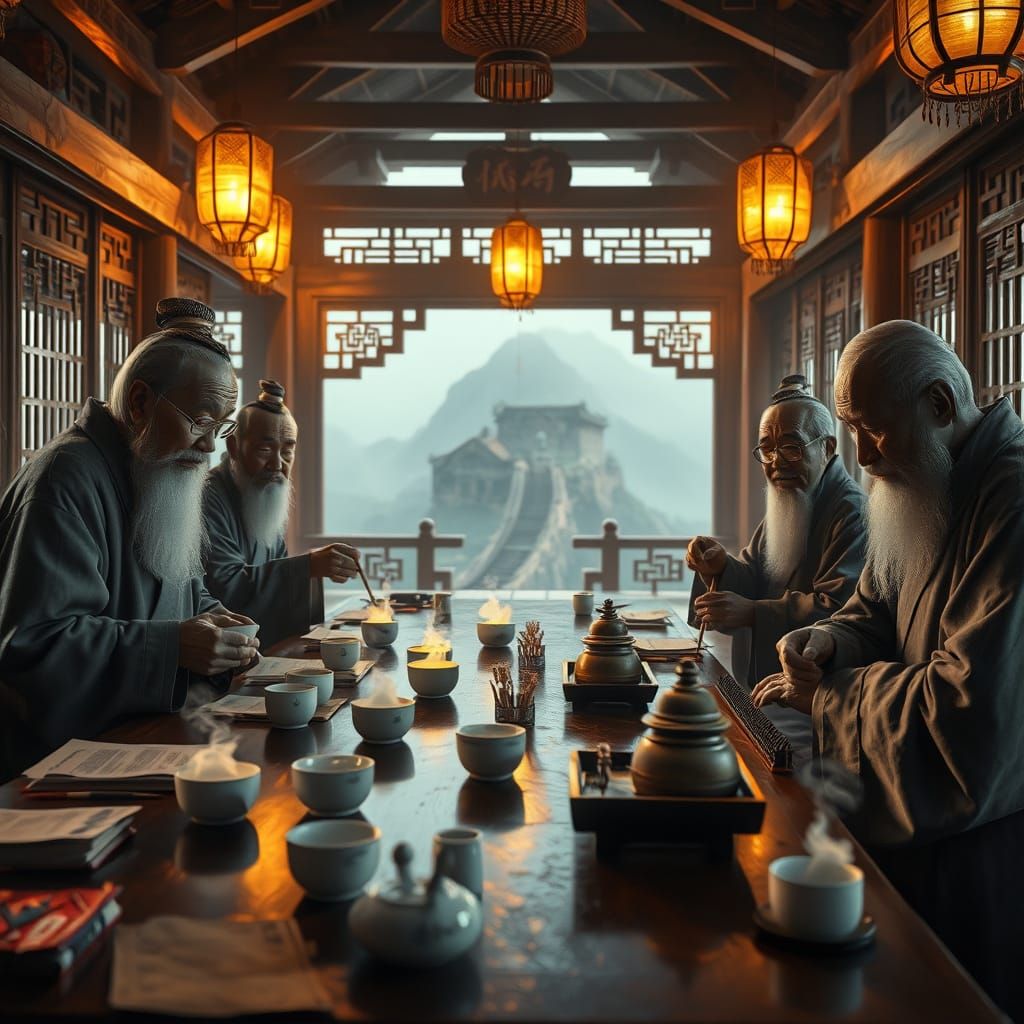Scholars Prepare Surreal Tea in Ancient Pavilion