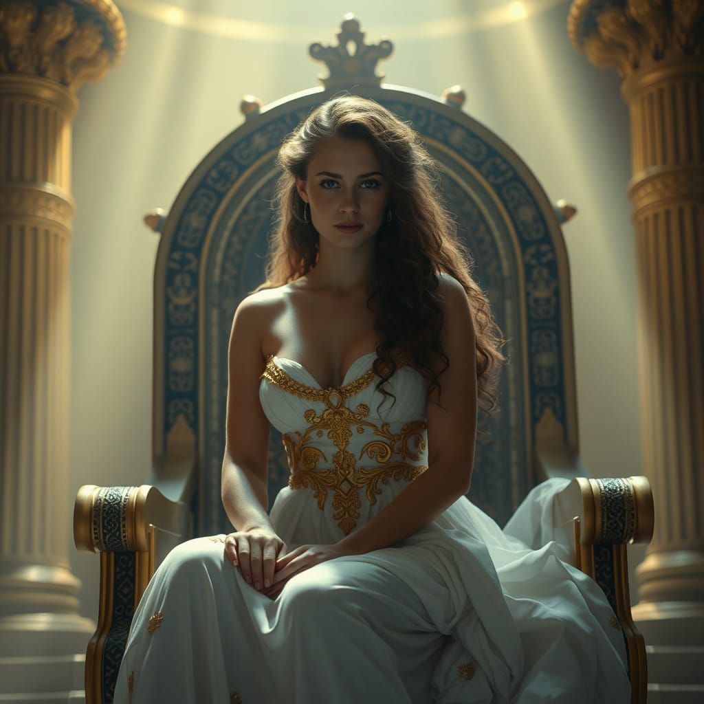 Aphrodite on Throne in Golden Light, Cinematic Style