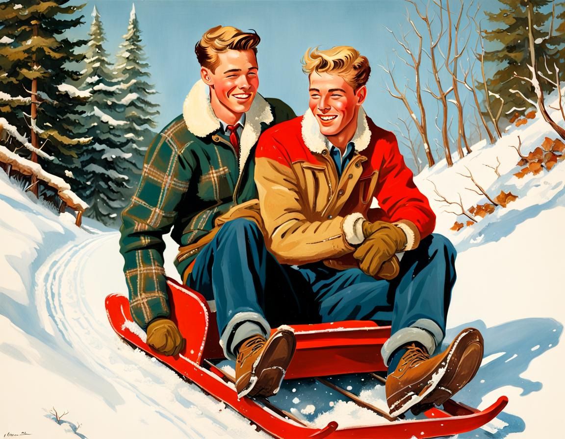 Teenage Couple Sledding Down Snowy Hillside