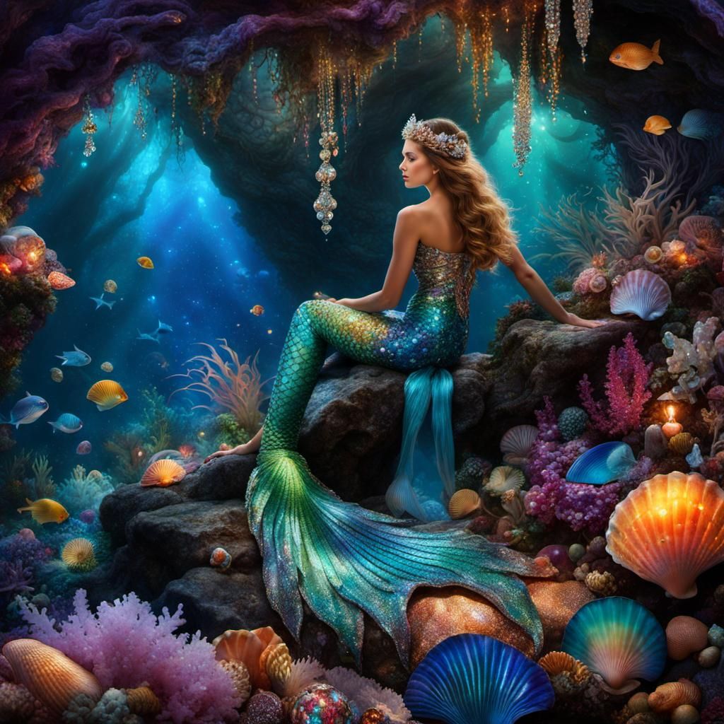 Magical Mermaid Grotto: Hyperreal Underwater Illustration