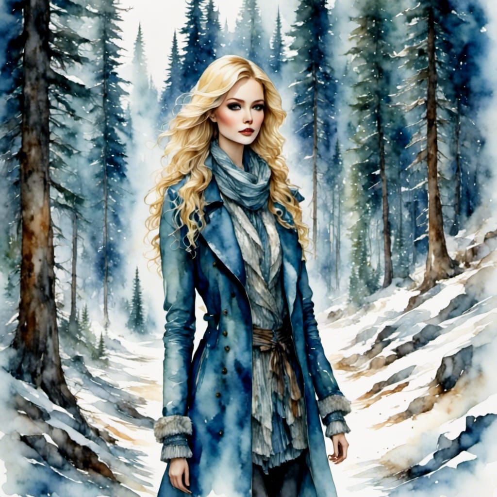 Fairytale Scandinavian Woman in Snowy Forest, Watercolor Sty...