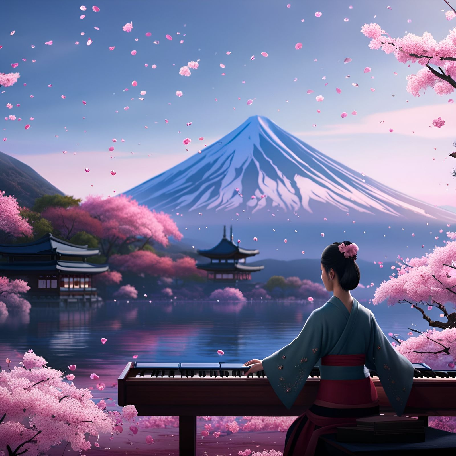 Japanese Koto Player Under Cherry Blossoms