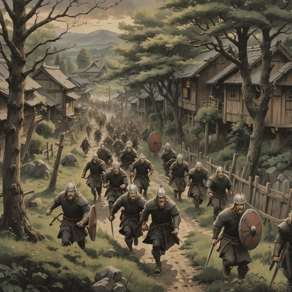 Viking Raiders at Dawn: An Anime-Style Oil Painting