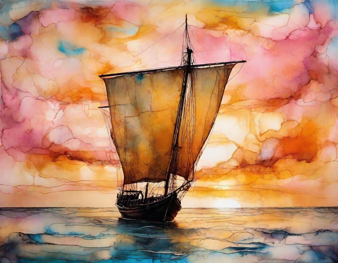 Dreamlike Voyage of the Worn Skyship in Golden Twilight