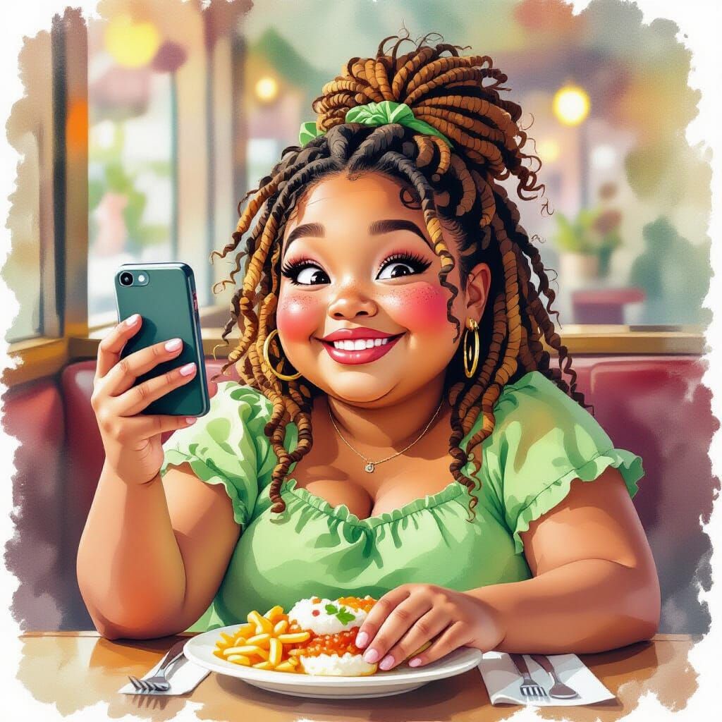 Smiling Girl Photographing Dinner, in Watercolor Style
