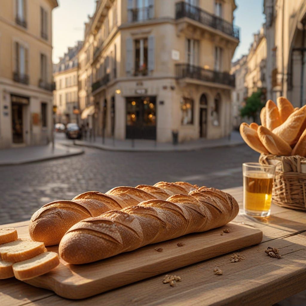 Artisanal Baguette and Cheese Board in Golden Hour Light