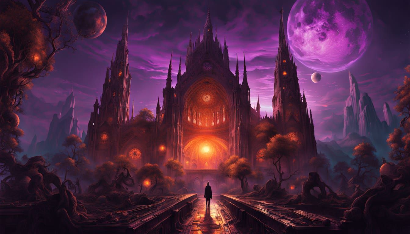 Gothic Synth Cathedral at Twilight, Holographic Astral Illus...