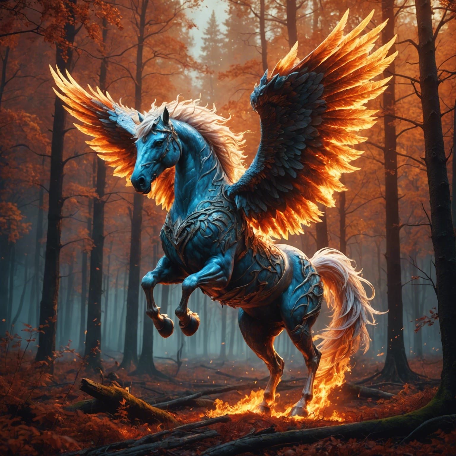 Ice Pegasus Flies Through Fiery Forest