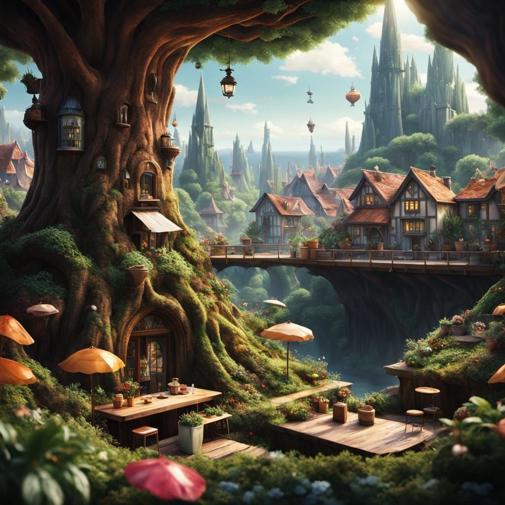 Fantasy Planet Inside Tree Hollow Cityscape
