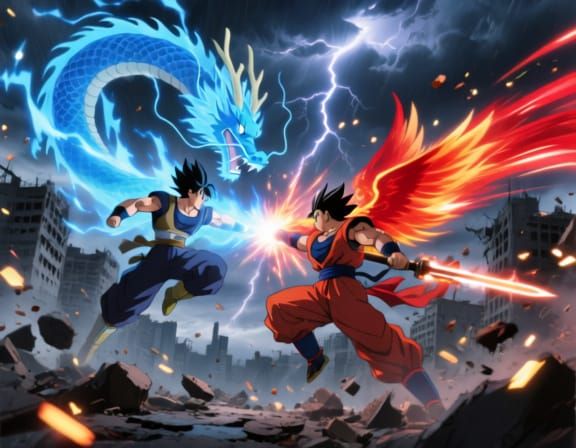 Epic Anime Battle Scene in Ruined City