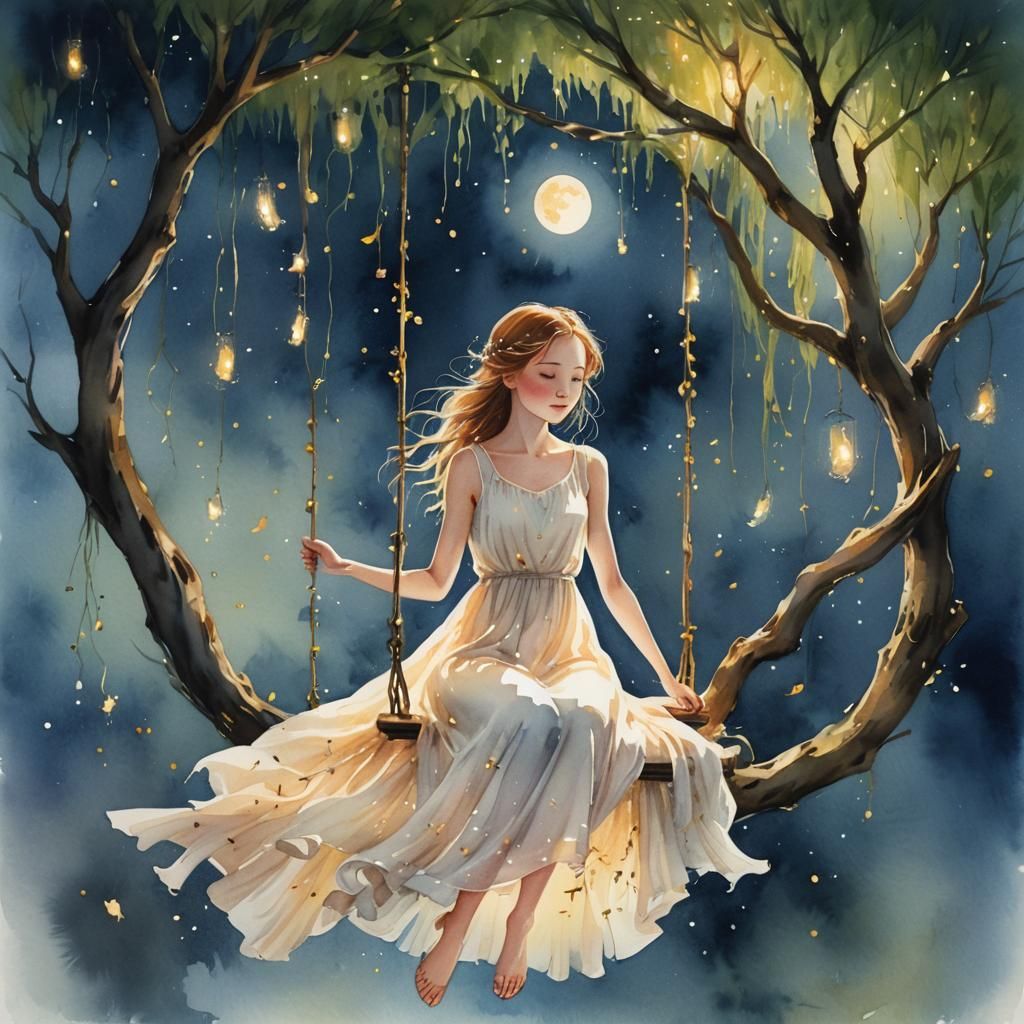 Girl on Moon Swing in Whimsical Watercolor