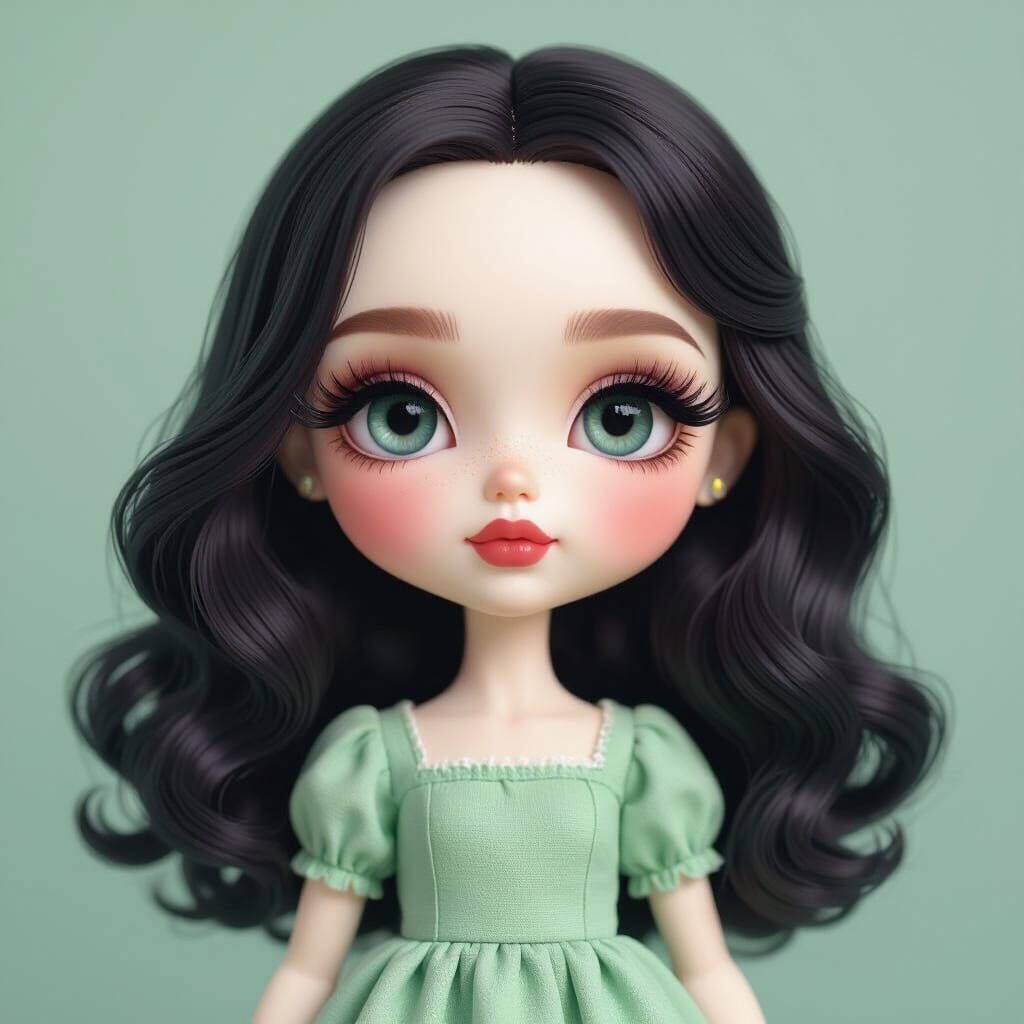 Blythe Doll in Sea Green Dress, Ethereal Matte Painting