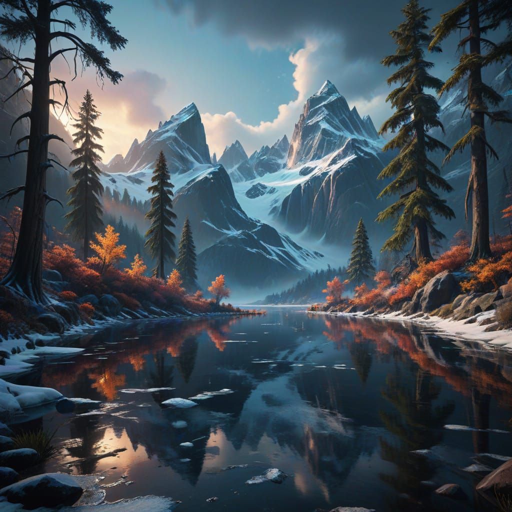 Serene Fantasy Landscape with Surreal Quality and Cinematic...
