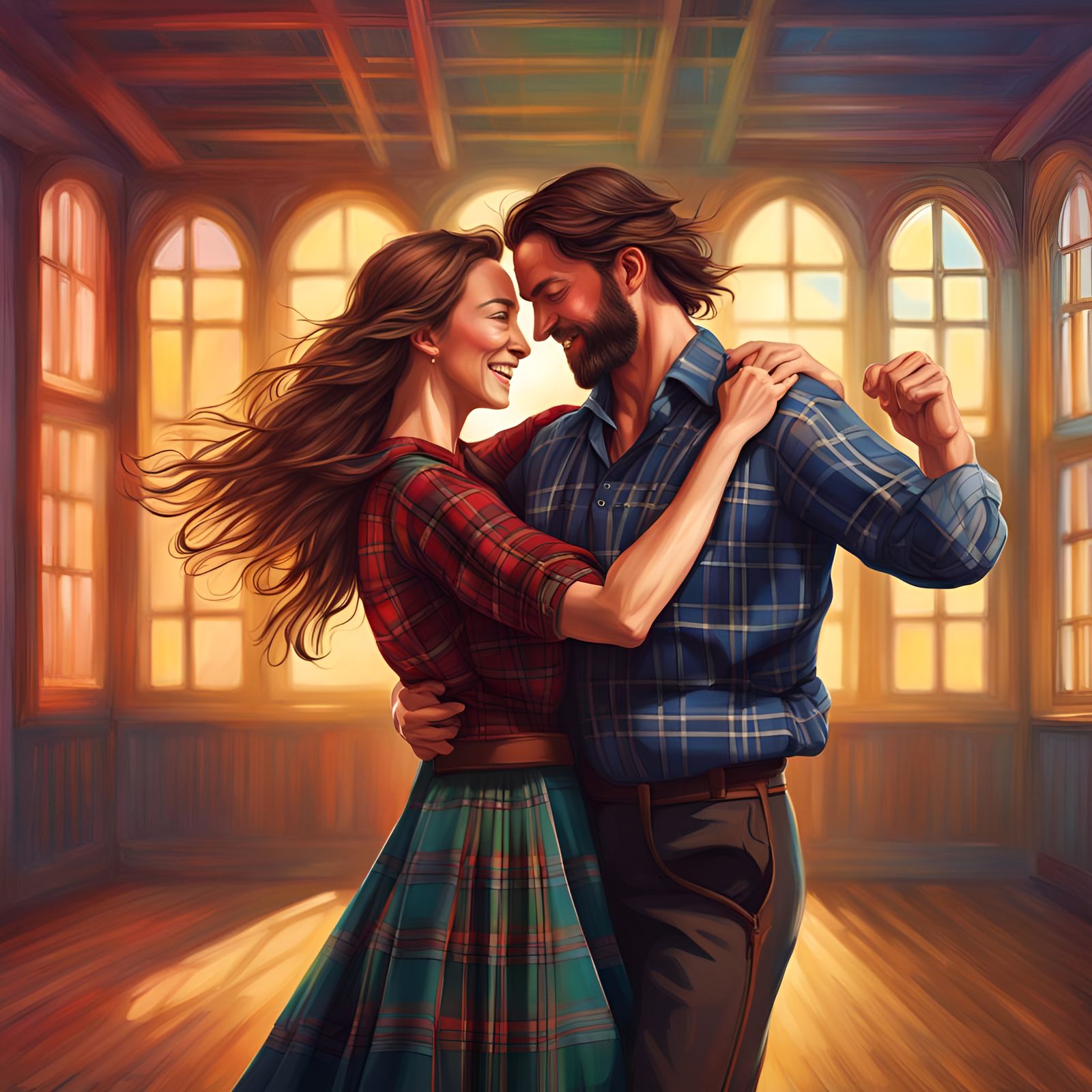 Happy Scottish couple dancing, tartan plaid, Hyperrealistic, concept art, mid shot, intricately detailed, color depth, ...