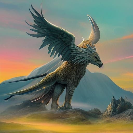 Griffin on Mountaintop at Sunset with Ringed Planet