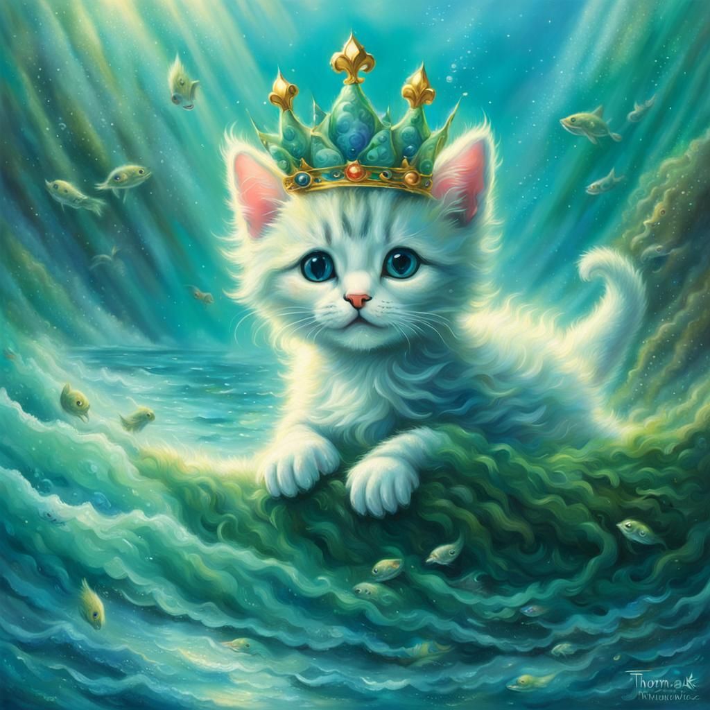 Blue Fur Kitten Mermaid with Crown in Ocean