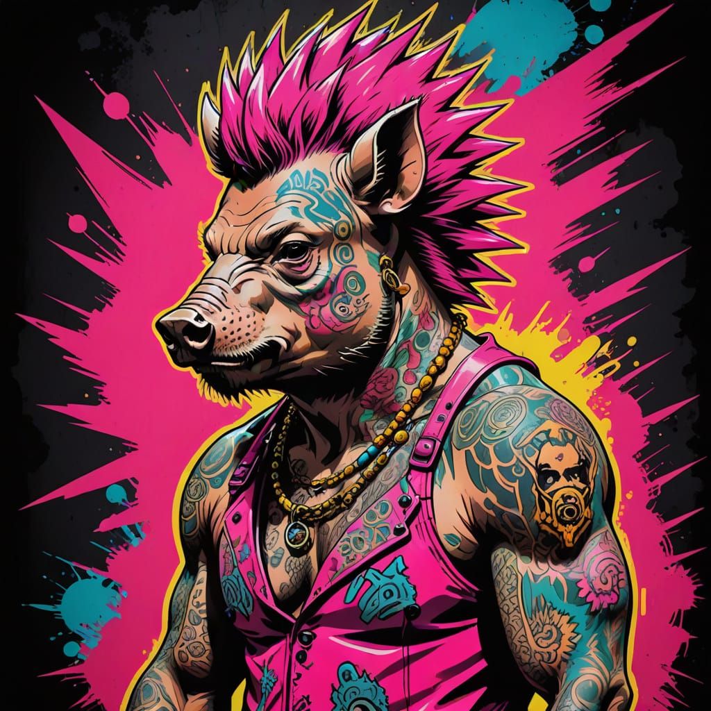 Pop Art Boar with Mohawk and Tattoos