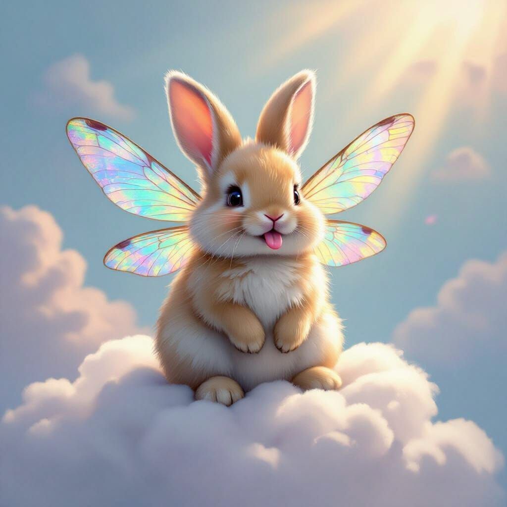 Fluffy Bunny With Dragonfly Wings on Cloud, Painterly Style