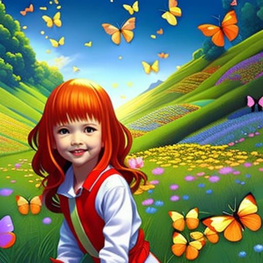 Ginger-haired Child's Butterfly Chase: Elegant Digital Art