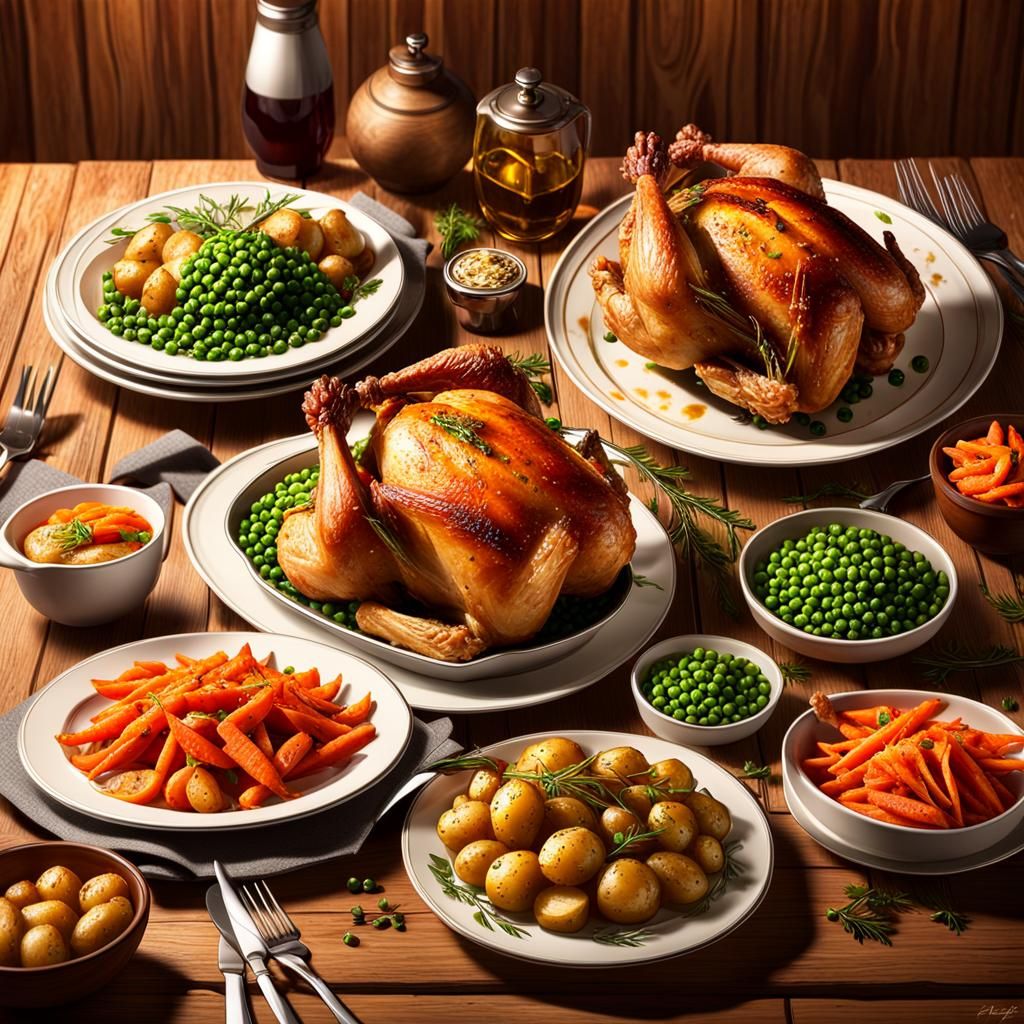 Hyperrealistic Roasted Chicken Dinner Still Life