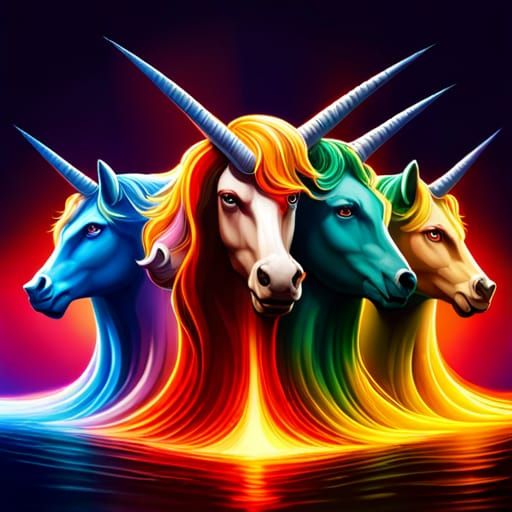 The four unicorns of the Apocalypse. Hyperrealistic, splash art, concept art, mid shot, intricately detailed, color dept...