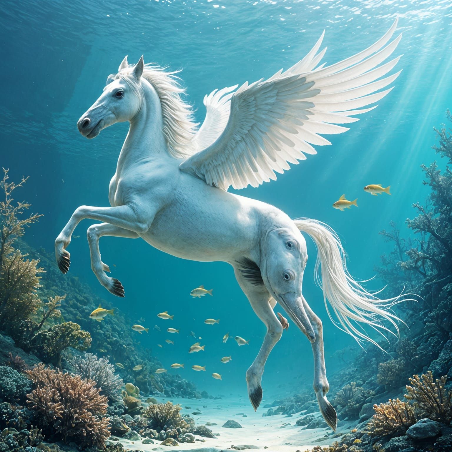 Mythical Pegasus soars through a vibrant underwater world