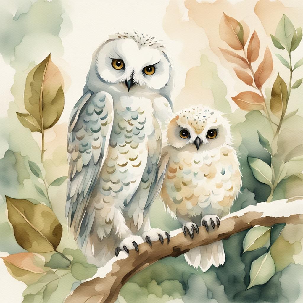 Watercolor Snow Owl and Robin Wildlife Illustration