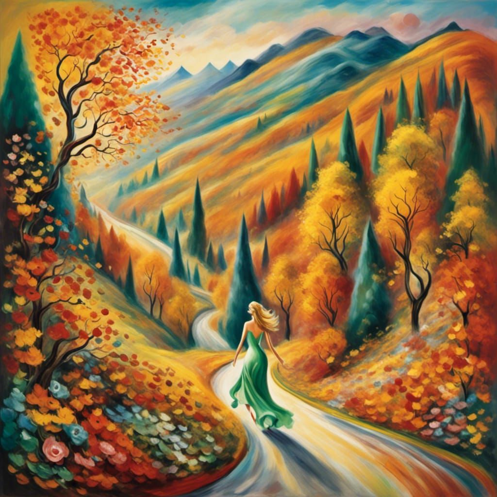 Woman with Flowers in Surrealist Autumn Landscape