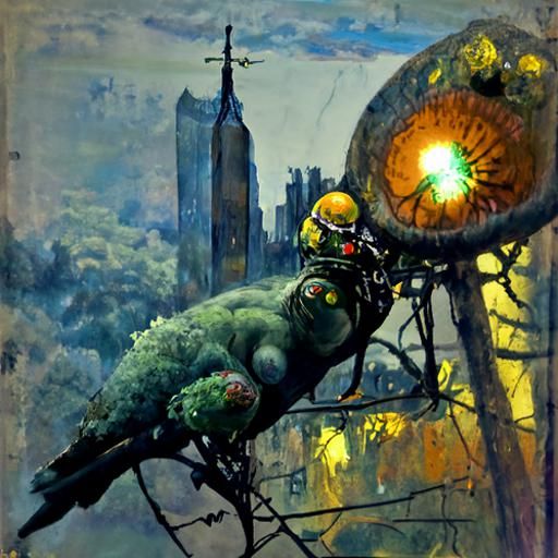 Cyborg Exiles Overlook Future City, Surreal Comic Art