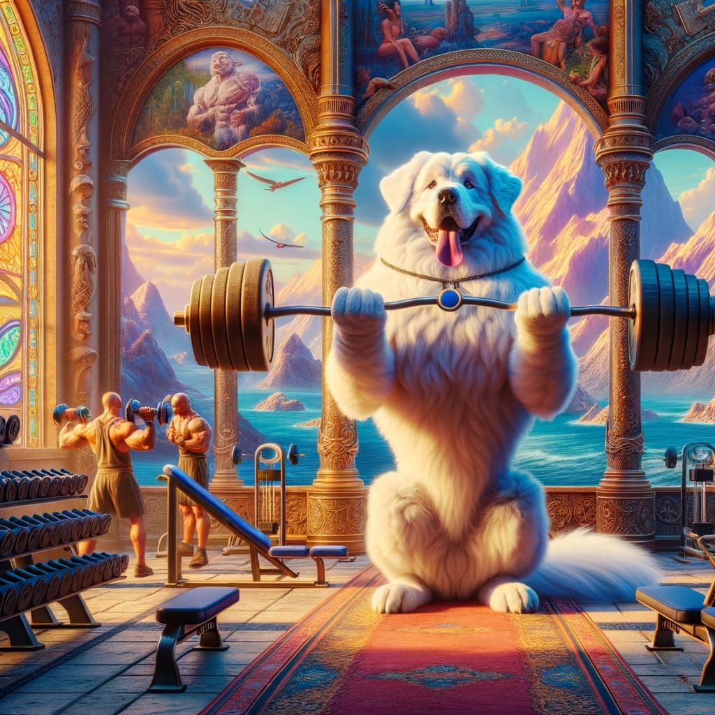 Magical Great Pyrenees Dog Does Bicep Curls in Whimsical Fan...