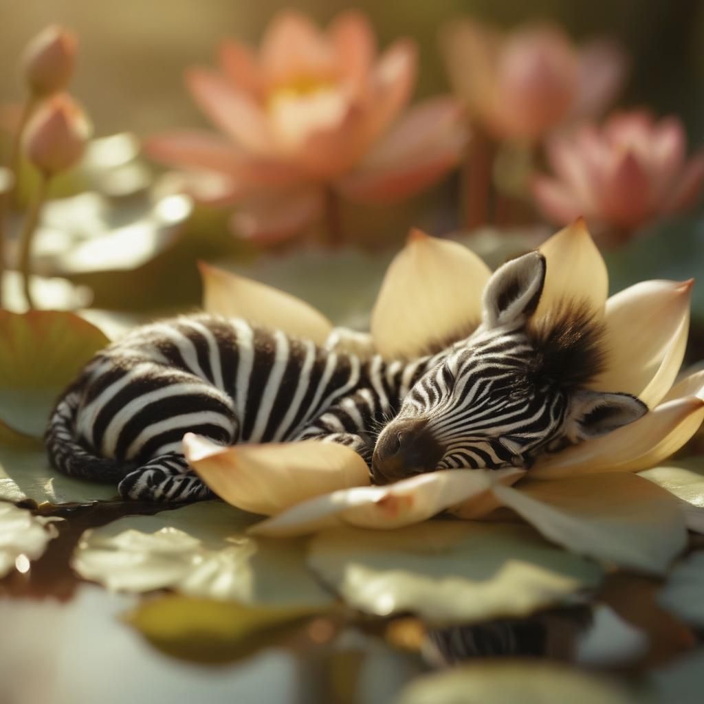 Baby Zebra Asleep in Lotus Flower