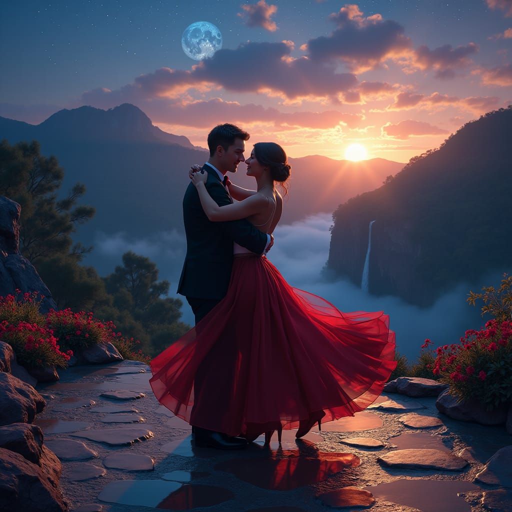 Tango Dancers Under Moonlight: A Fantasy Landscape