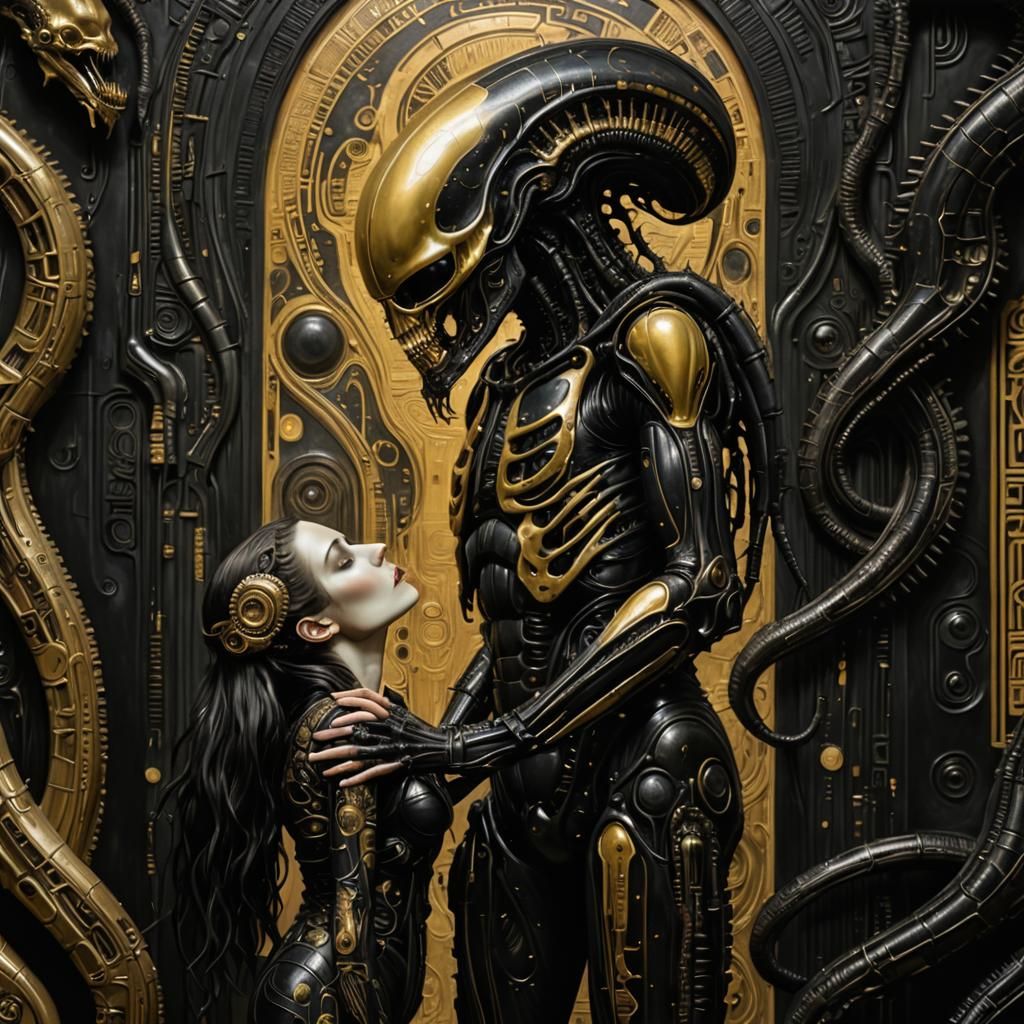 Golden Xenomorph Embrace: A Klimt-Inspired Vision