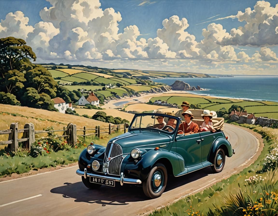 Vintage Car on Summer Road Trip, Travel Poster Style