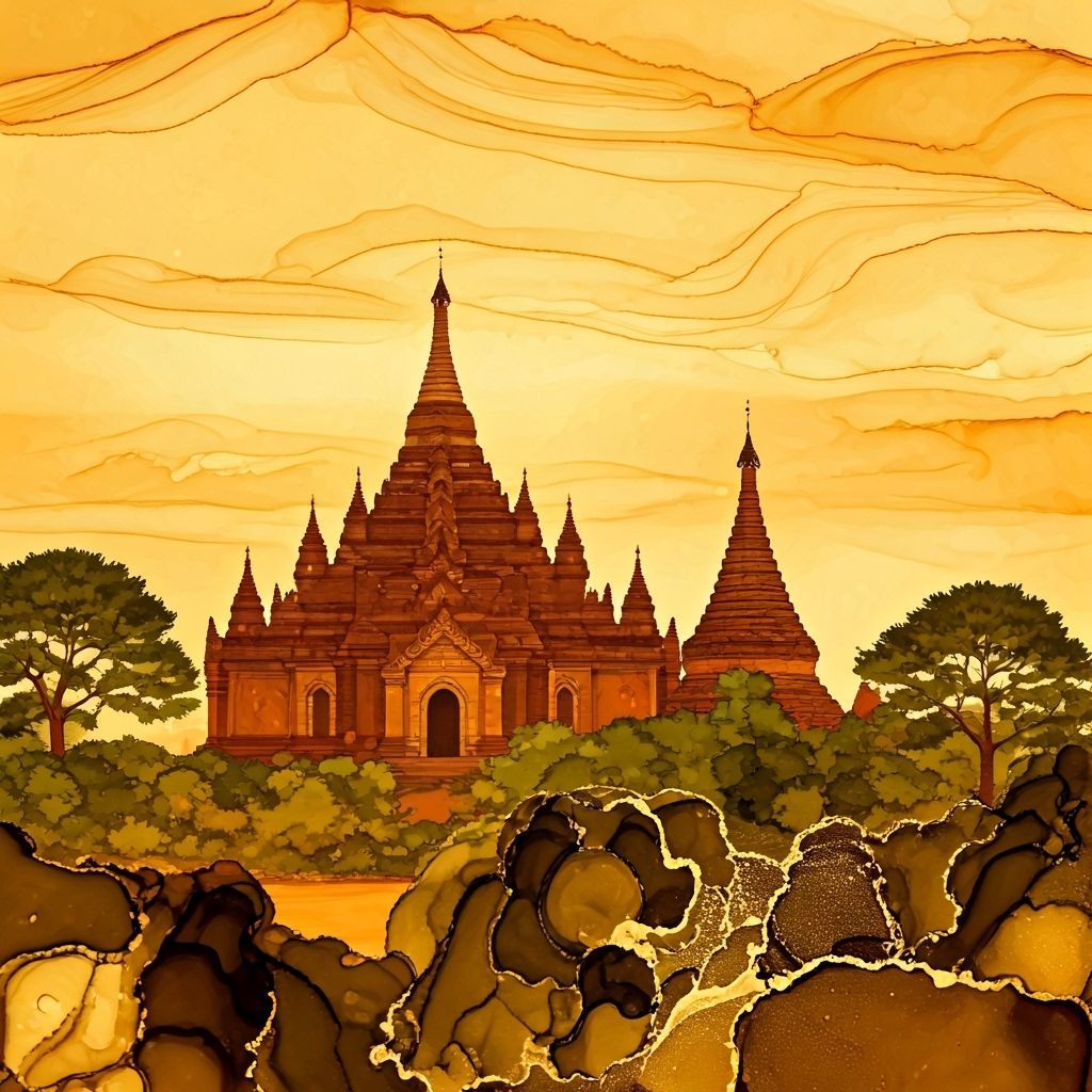 Bagan, Myanmar, at sunset, alcohol inks and gold