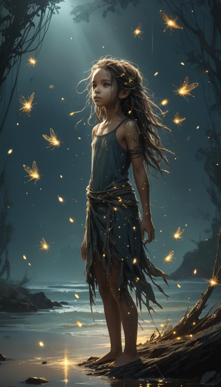 Girl with Fireflies on Beach in Astral Style
