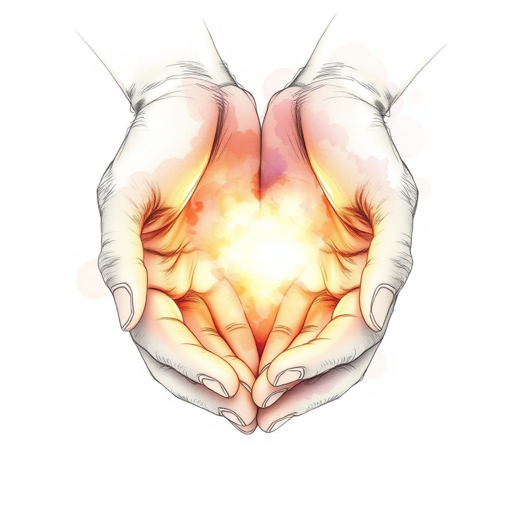 Gentle Hands Nurturing Glowing Heart in Watercolor