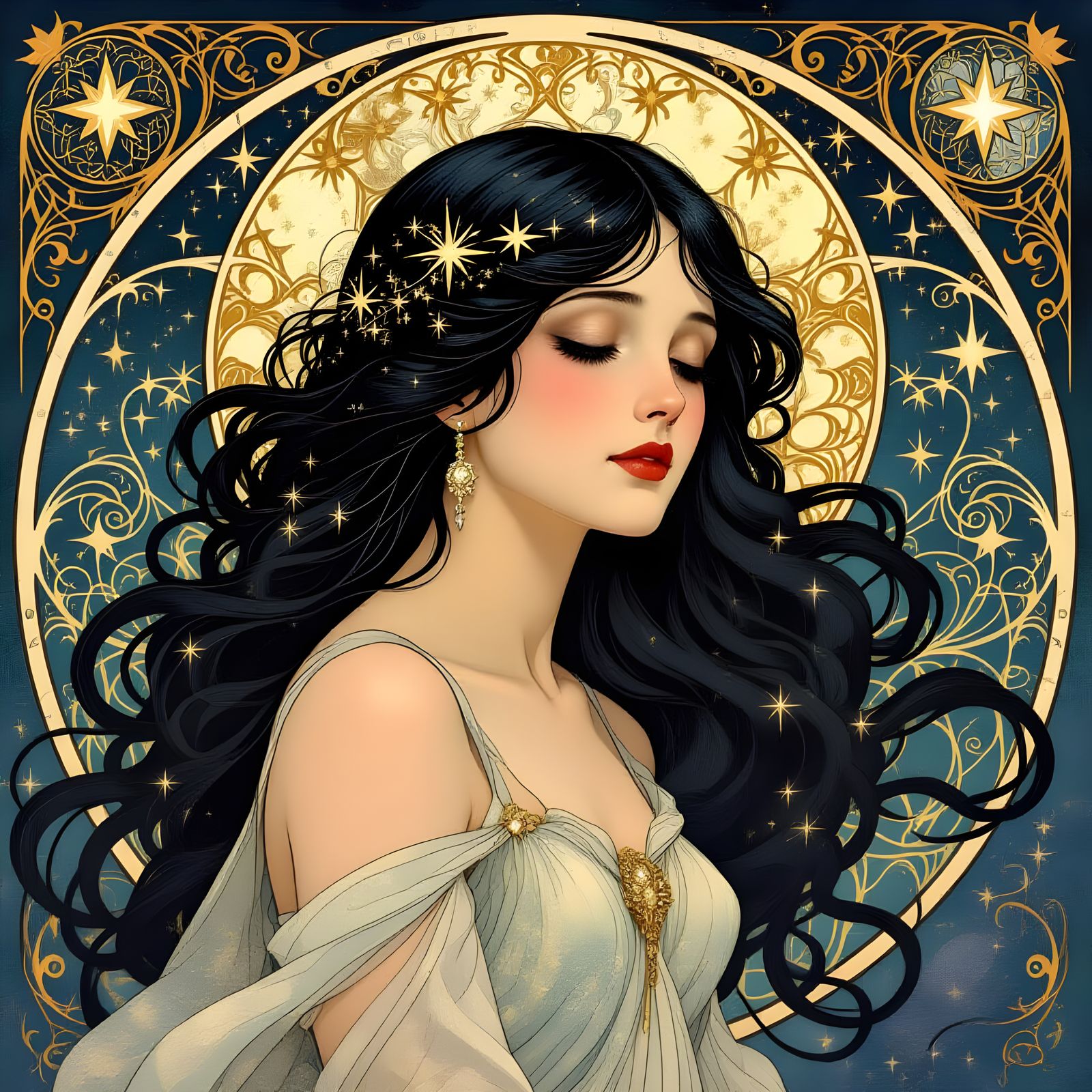 Art Nouveau Celestial Woman With Starry Hair