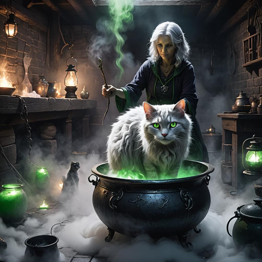 Wire Hair Cat Casting Magic Spell: Dark Fantasy Art