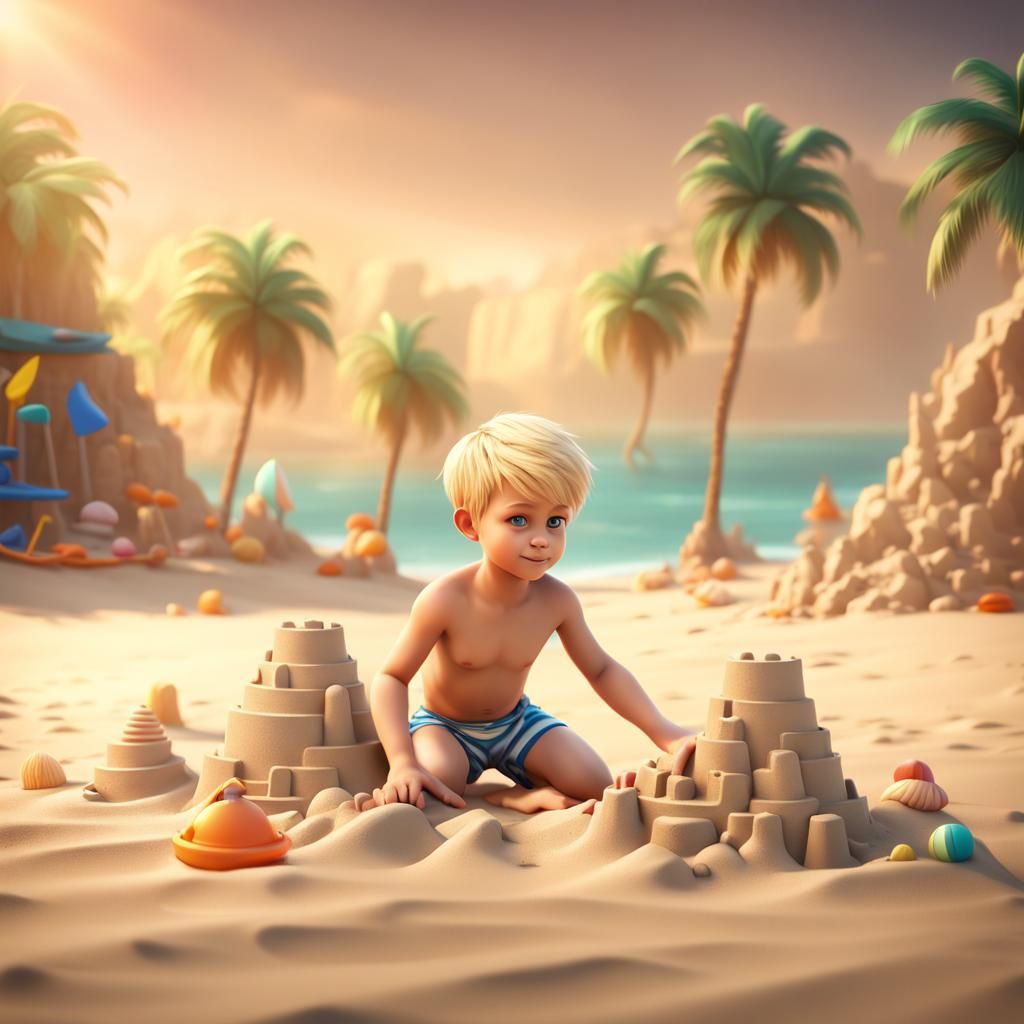 Boy Builds Sandcastle on Beach: Pixar-Style 3D Art