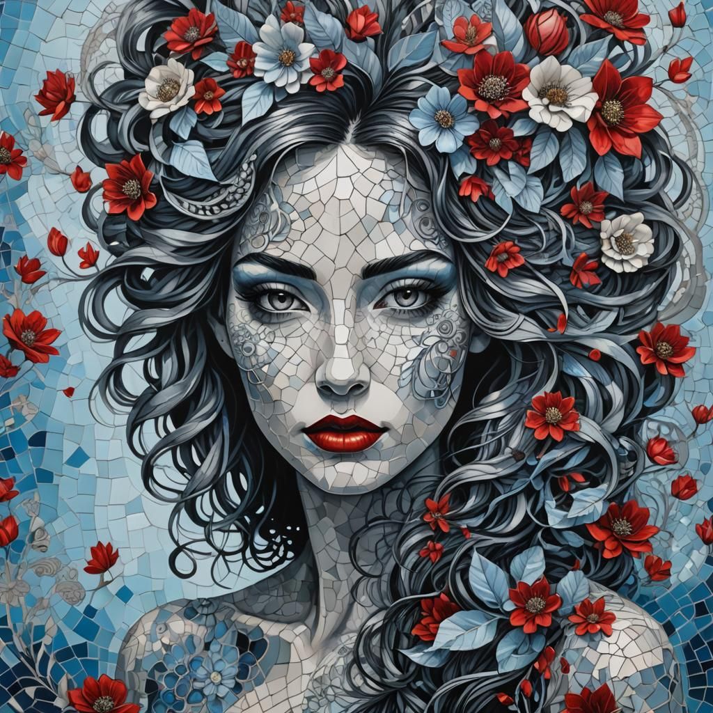 Mosaic Ink Portrait of Woman with Floral Hair