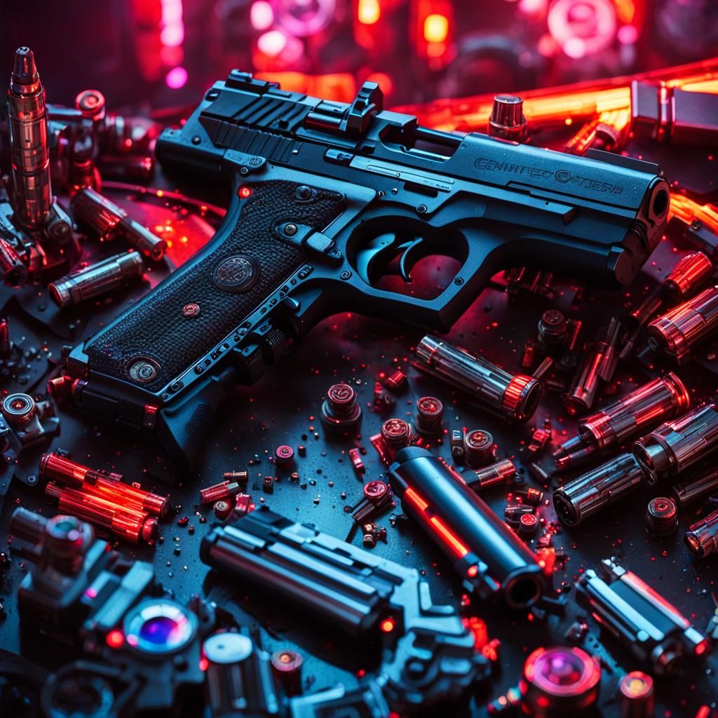 Cyberpunk Handgun on Dystopian Desk
