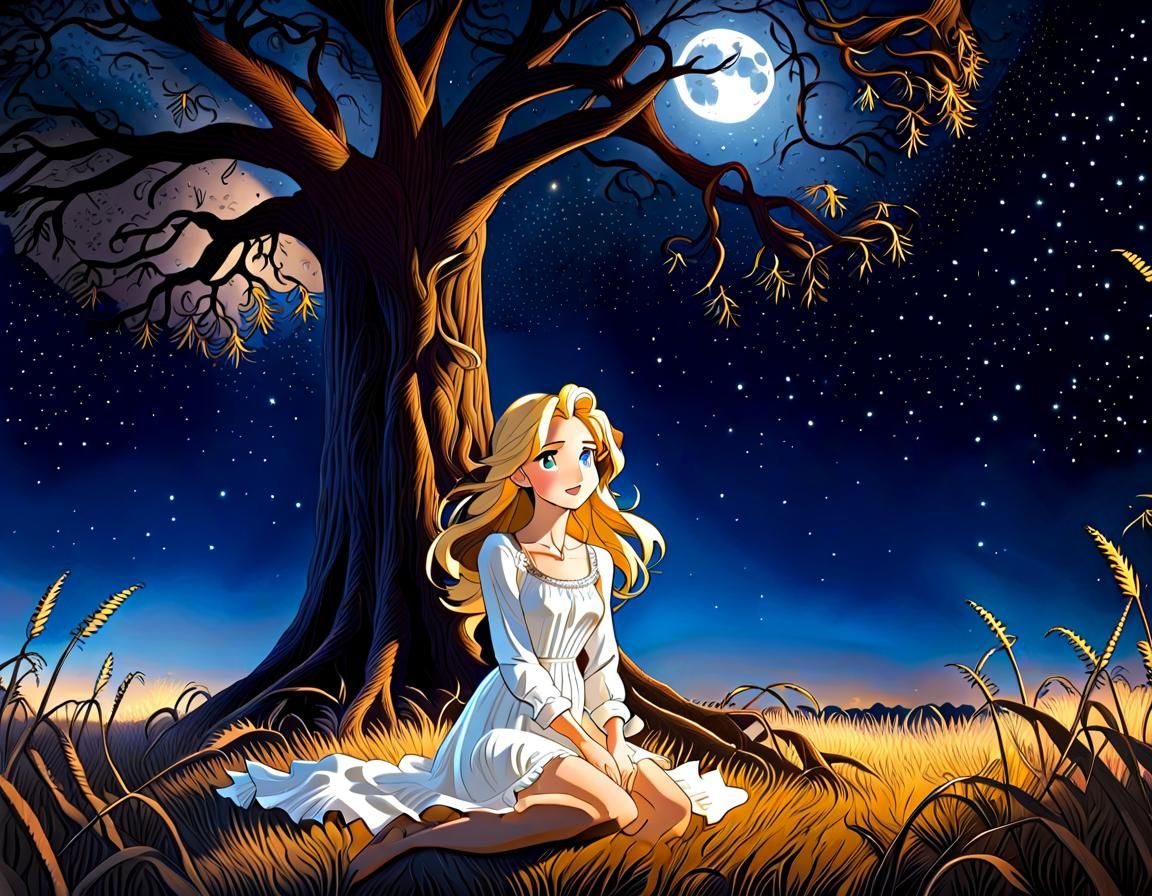 Anime Night Scene with Meteor Shower