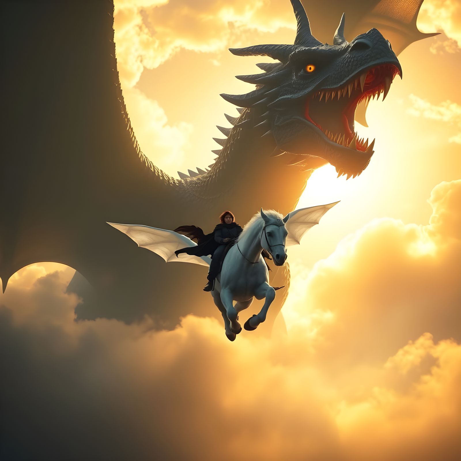 Epic Dragon Emerges Behind Pegasus Rider