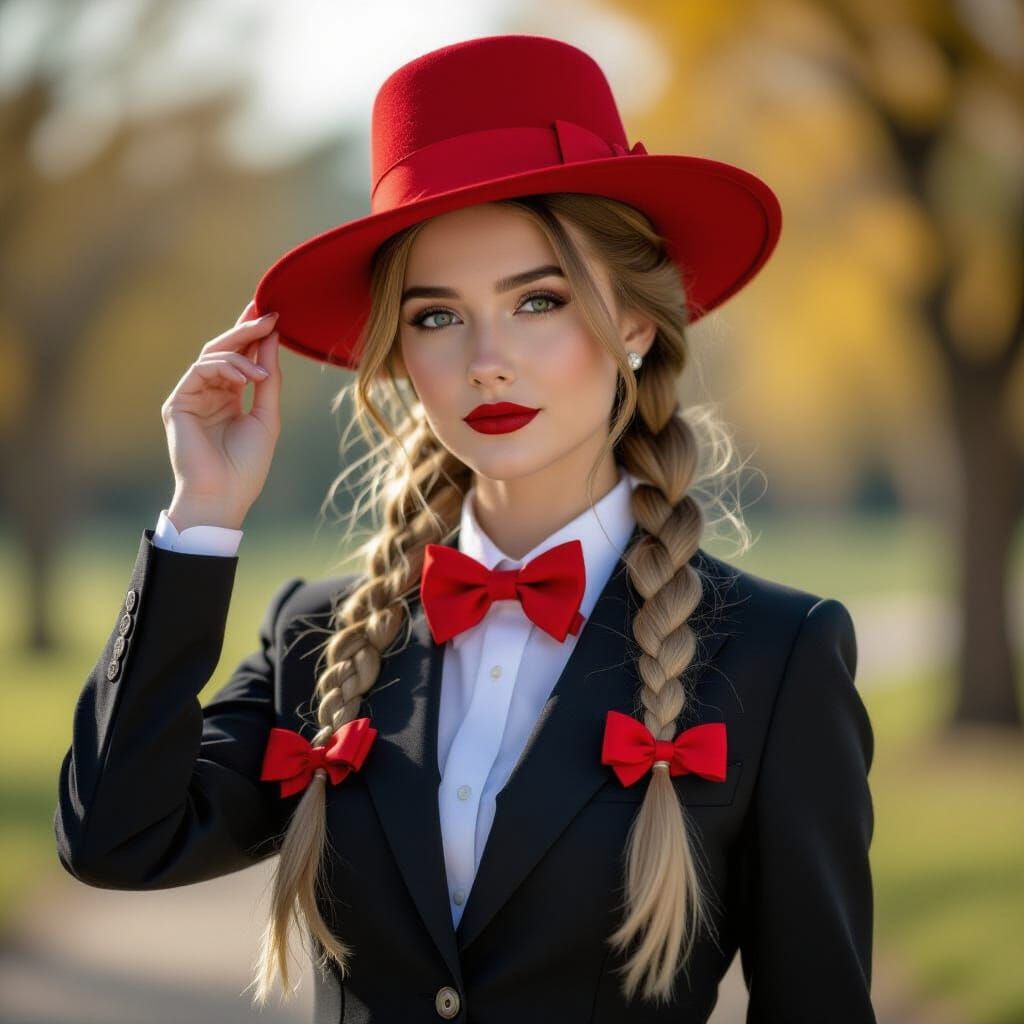Young Woman in Suit and Hat in Park