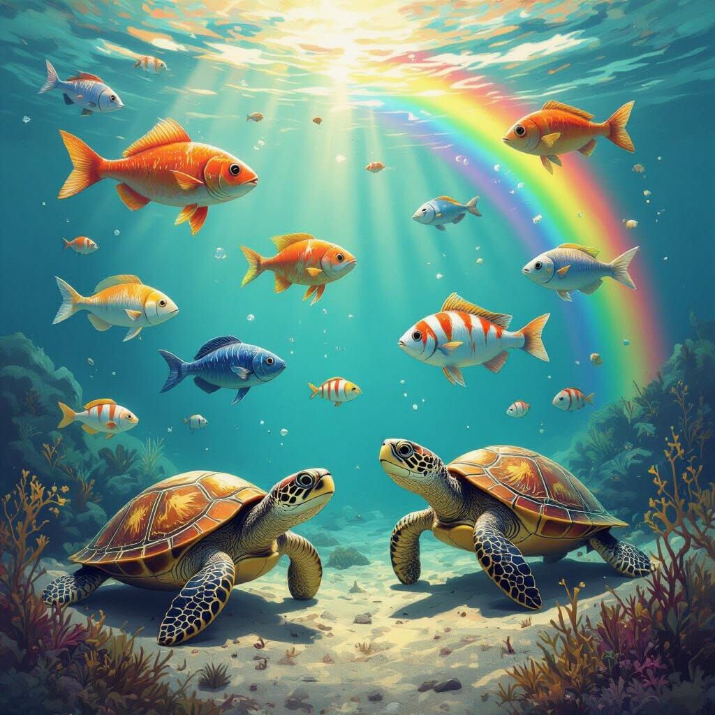 Luminous Coral Reef with Sea Turtles