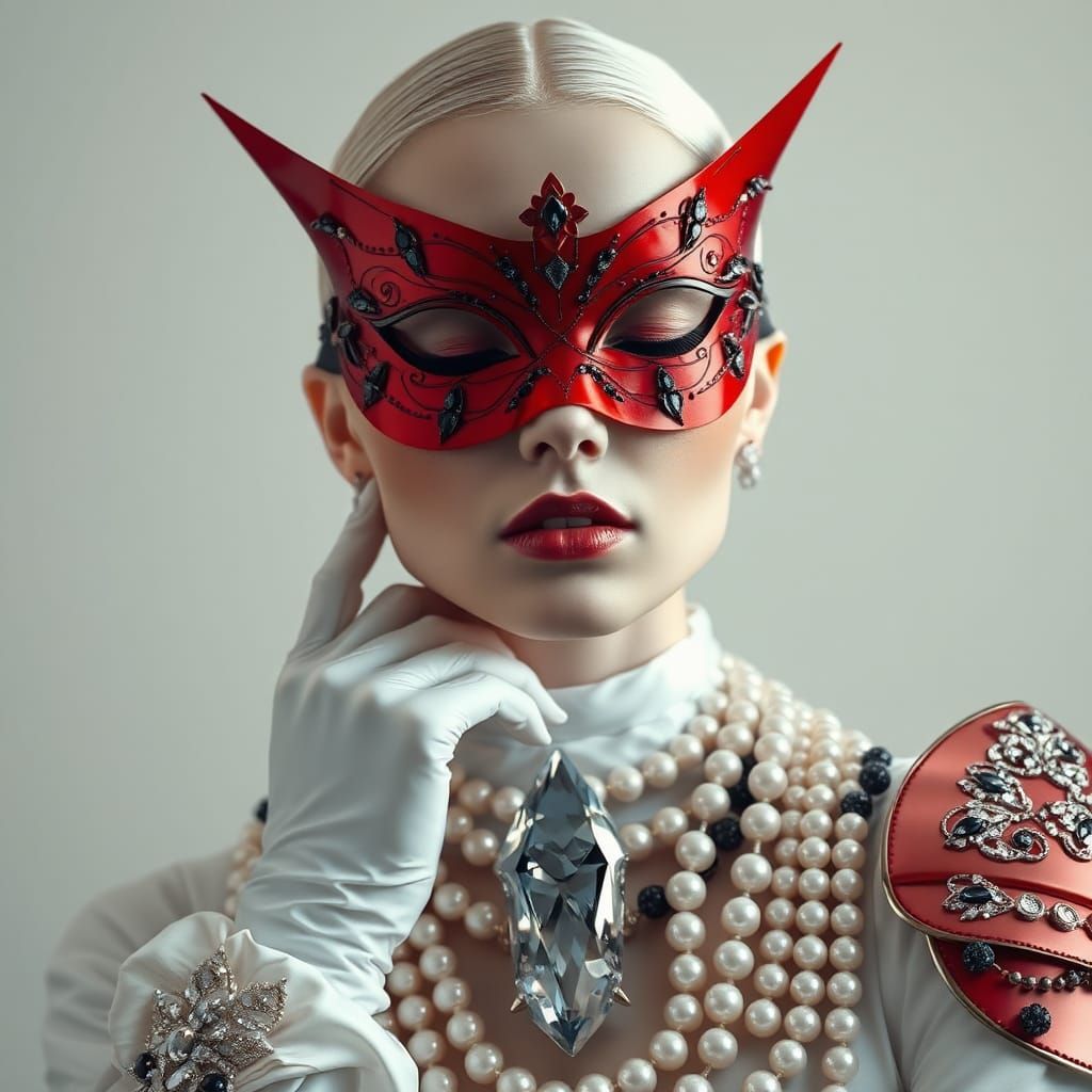 Ethereal Woman in Red Mask with Pearls