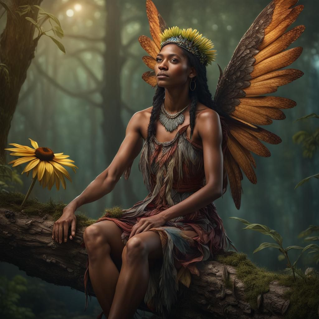 Amerindian Woman with Coneflower Dress, Hyperrealistic Art