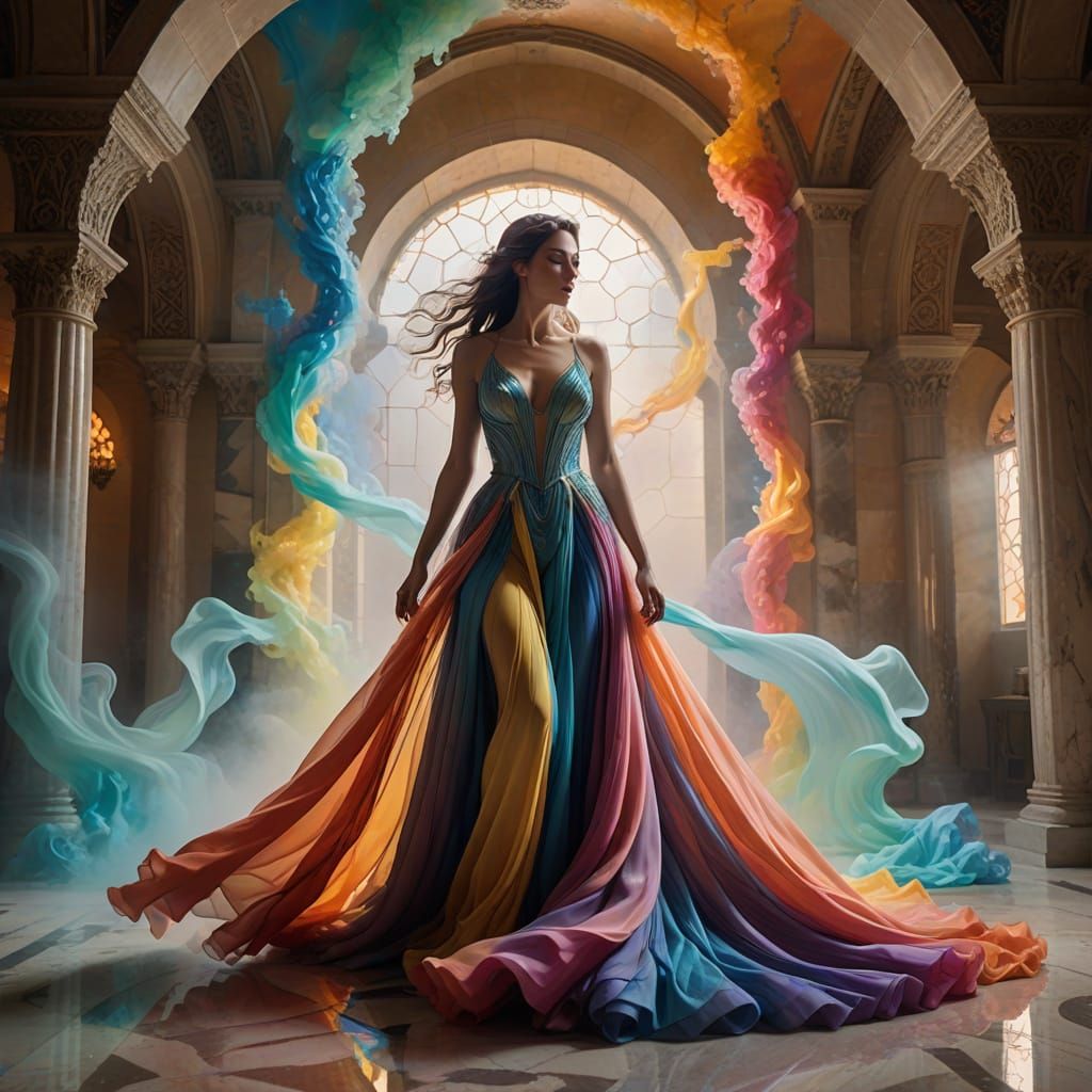 Elegant Lady in Crumbling Sanctum: Magical Realism